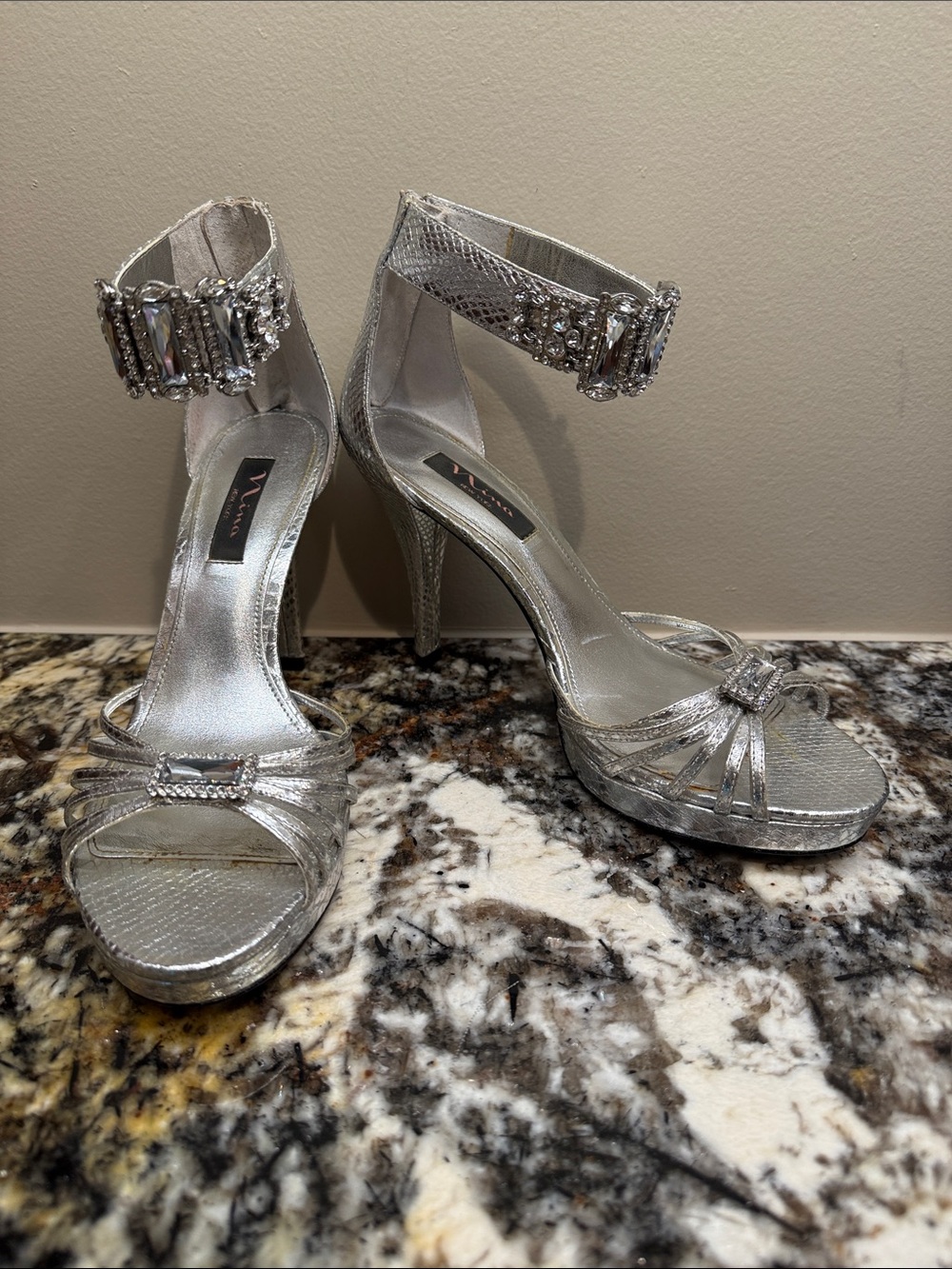 Nina Silver Crystal-Ankle High Heel Sandals